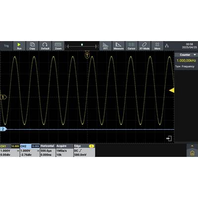 Oscilloskop-display visar en sinusvåg med 1 MHz frekvens. CH1 (gul): 1,000V/div, CH2: -2,76 div. Horisontell skala: 50 µs/div.