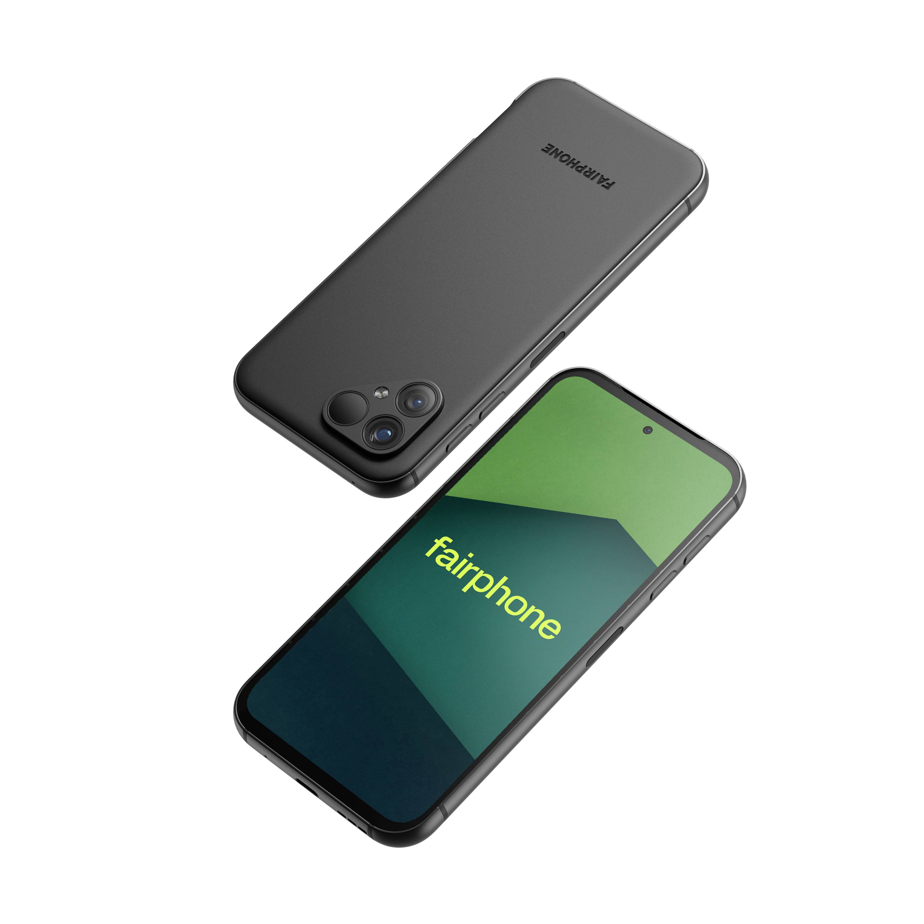 'Fairphone' mobiltelefon, vy framifrån och bakifrån. Flätat designmönster med dubbla kameror, grön geometrisk bakgrundsbild på skärmen, som betonar det miljövänliga varumärket.