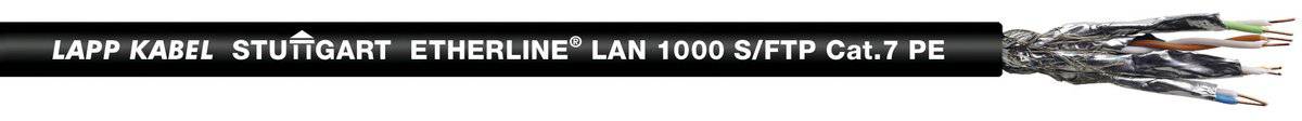 Ett svart nätverkskabel märkt 'Lapp Kabel Stuttgart ETHERLINE LAN 1000 S/FTP Cat.7 PE', visar trådparen.
