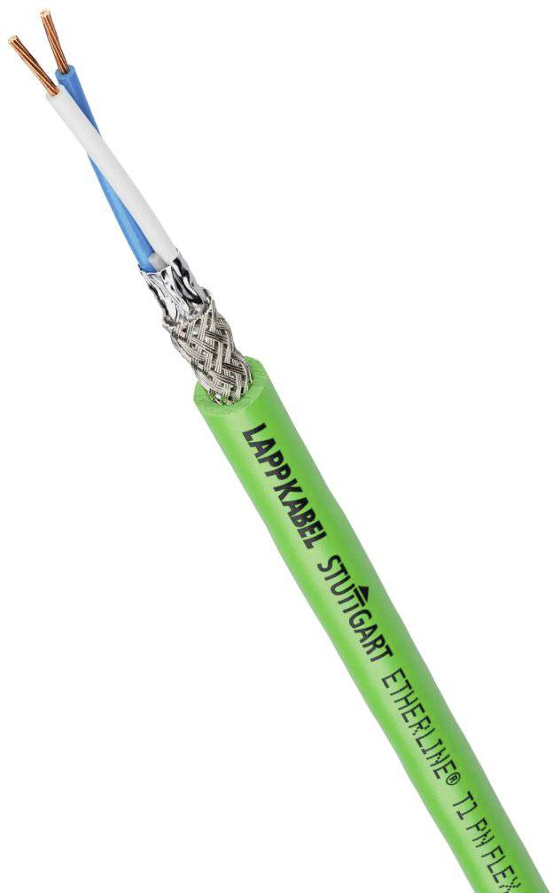 En grön kabel märkt med 'LAPPKABEL STUTTGART ETHERNET'. Två fria koppartrådar och en skyddande flätning är synliga.