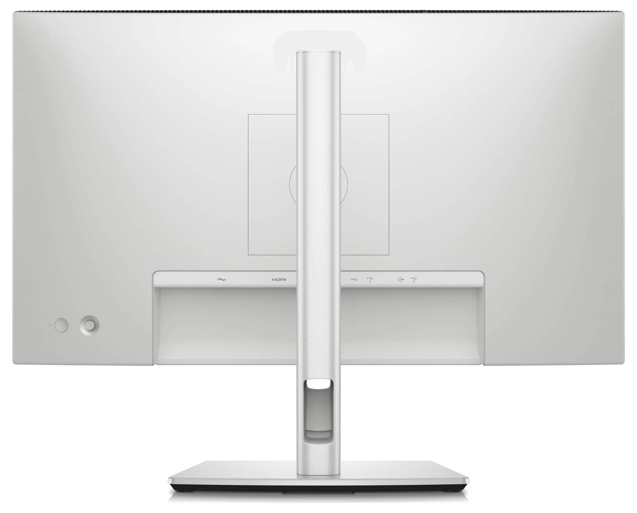 En modern datorskärm sedd bakifrån, med stativ och anslutningar synliga. Skärmen är tunn och hållen i neutrala färger.