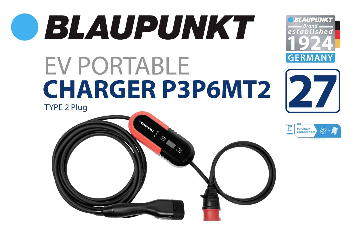 'Laddstation BLAUPUNKT EV P3P6MT2, portabel, Typ 2-kontakt. Grundat 1924, Tyskland. Varumärke med 27 månaders garanti.'
