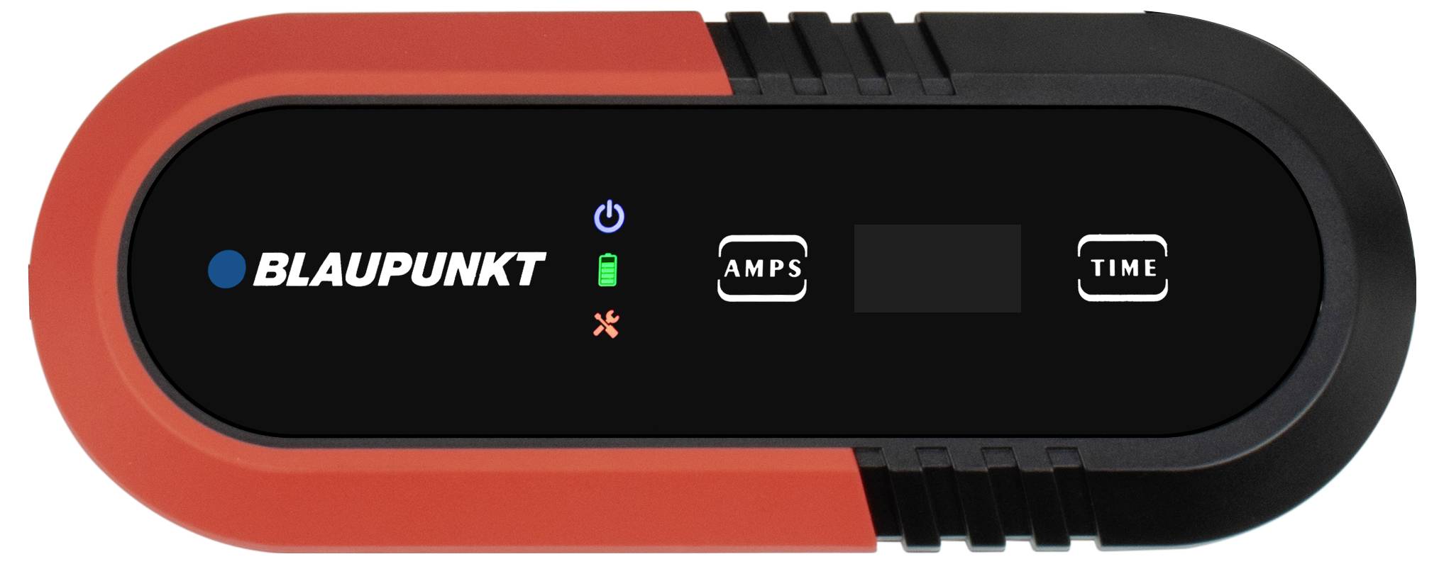 Batteriladdare från Blaupunkt med indikatorlampor för ström, ampere och tid, röd och svart hölje, lämplig för olika batterityper.