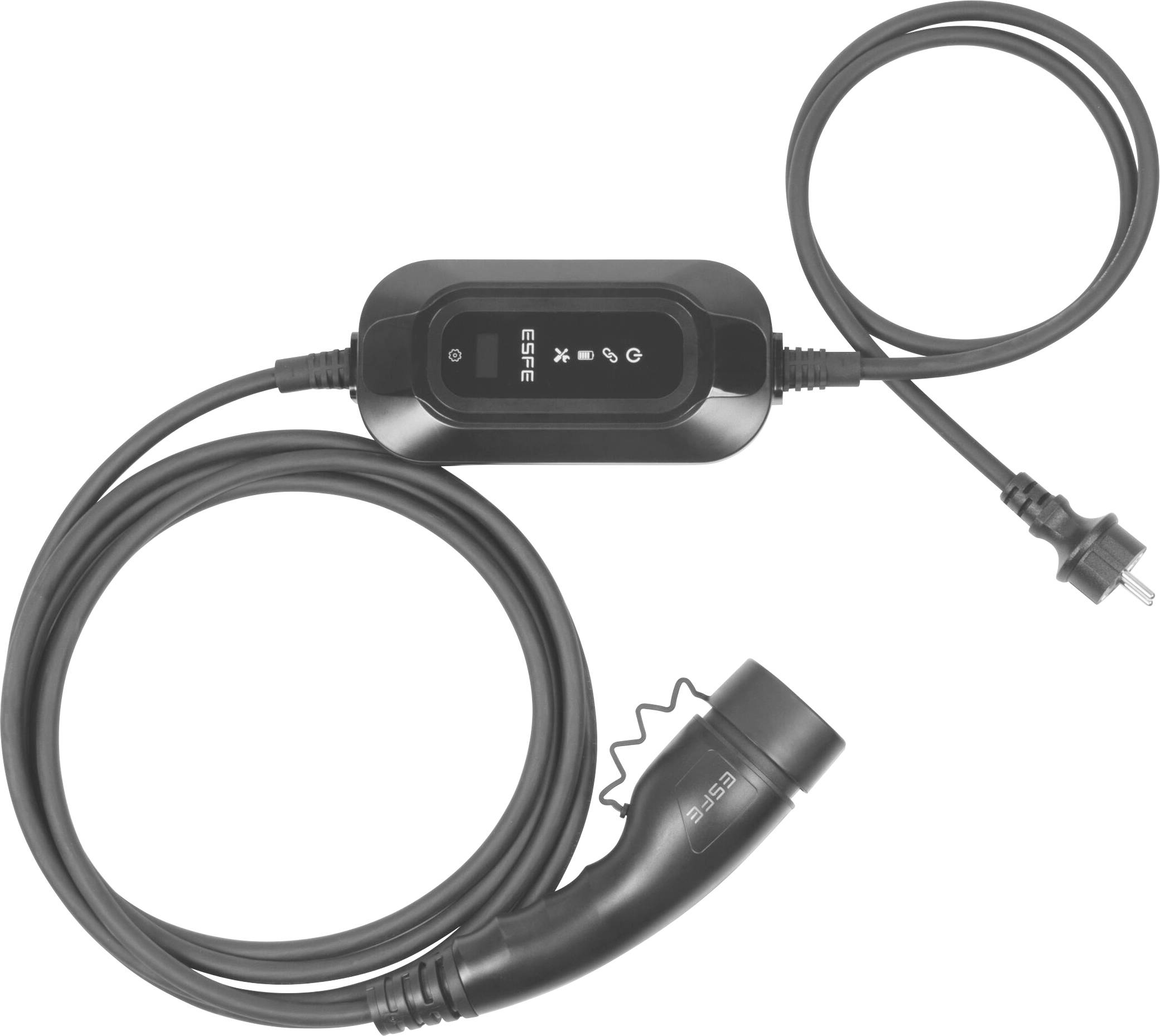 Laddkabel för elfordon med integrerad styrenhet och kontakt, redo att anslutas till en strömkälla.