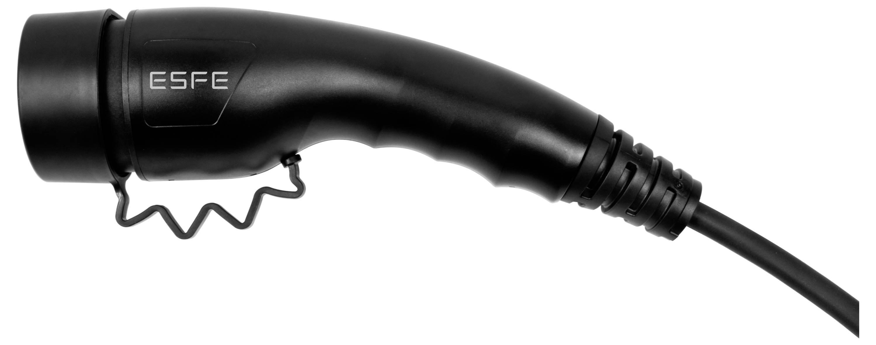 Laddkontakt för elfordon, avbildad från sidan, svart design med kabel.