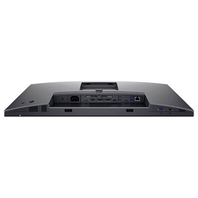 Baksidan av en skärm med flera anslutningar: strömuttag, HDMI, DisplayPort, USB-portar och Ethernet-port.
