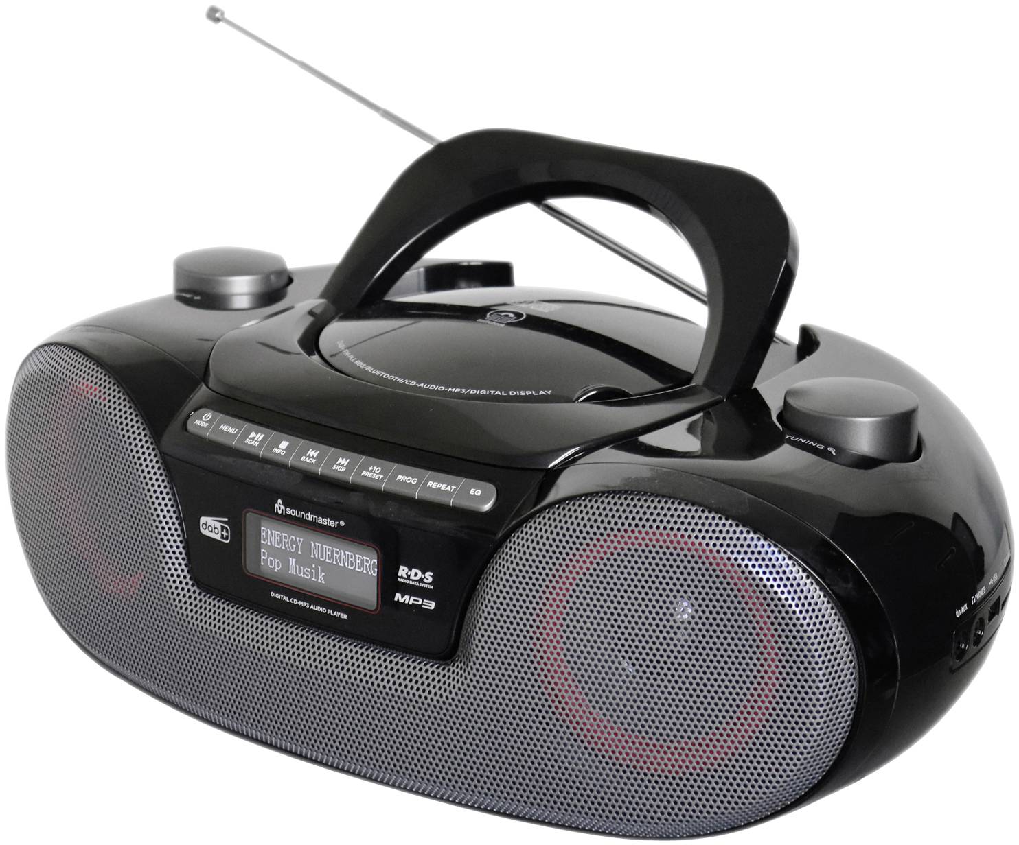 En svart, bärbar CD-spelare med inbyggd radio och display där 'Energy Messenger Pop Music' visas.