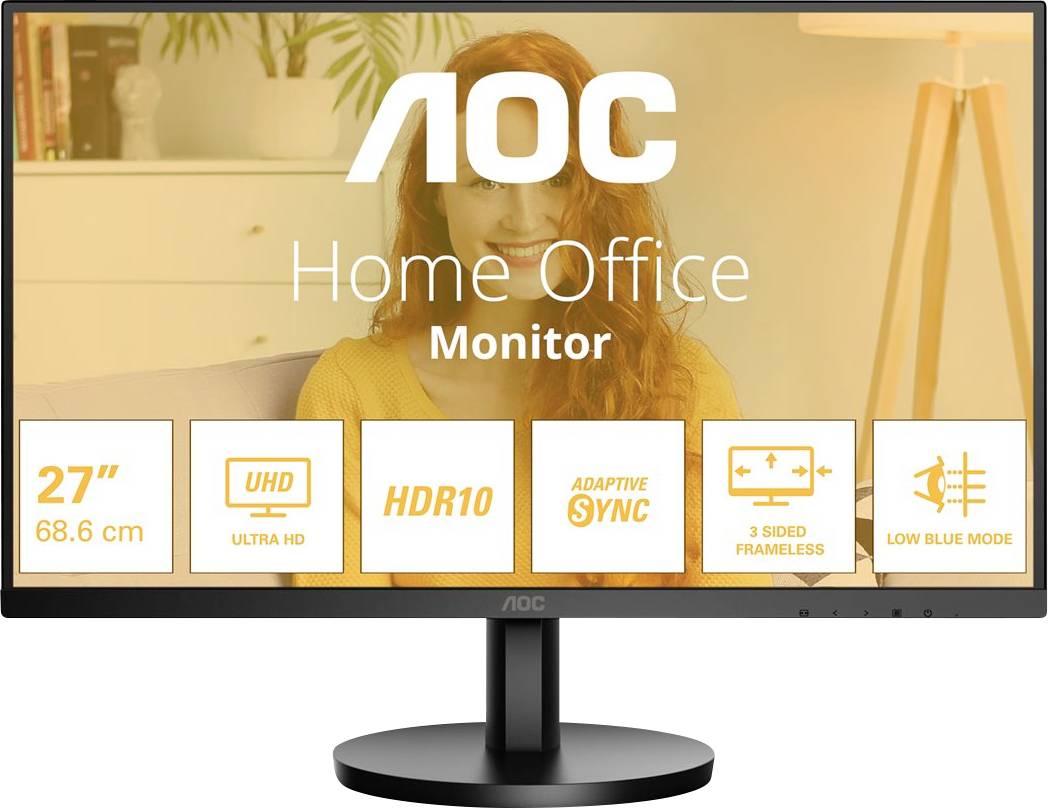 AOC Kontorsmonitor med 27 tums skärm. Funktioner: UHD, HDR10, Adaptiv Sync, Ramlöst design med tre sidor, Low Blue-läge.