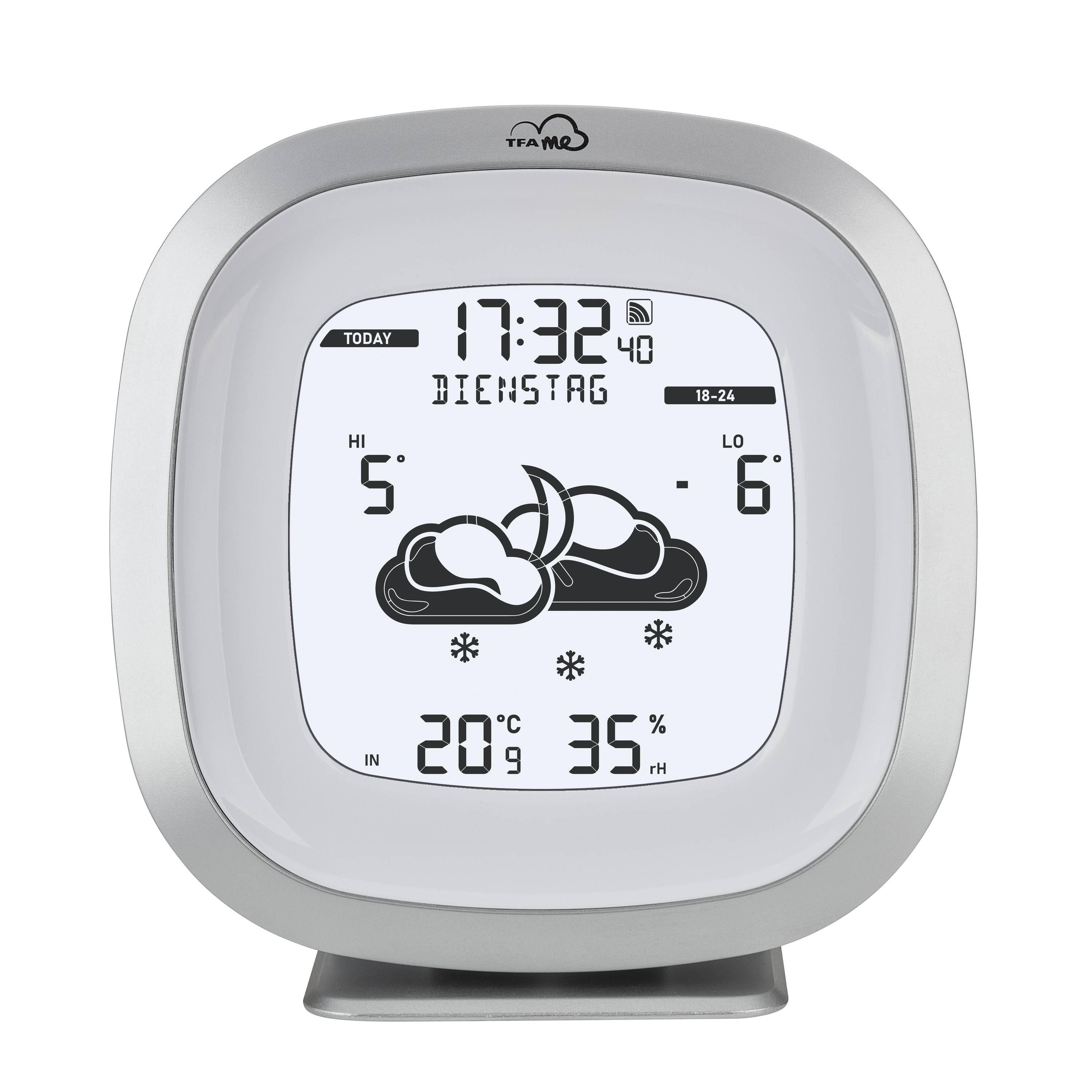 'Digitalt väderdisplay visar tisdag. Dagens högsta temperatur 5°C, lägsta temperatur -6°C, aktuell temperatur 20°C, luftfuktighet 35%.'
