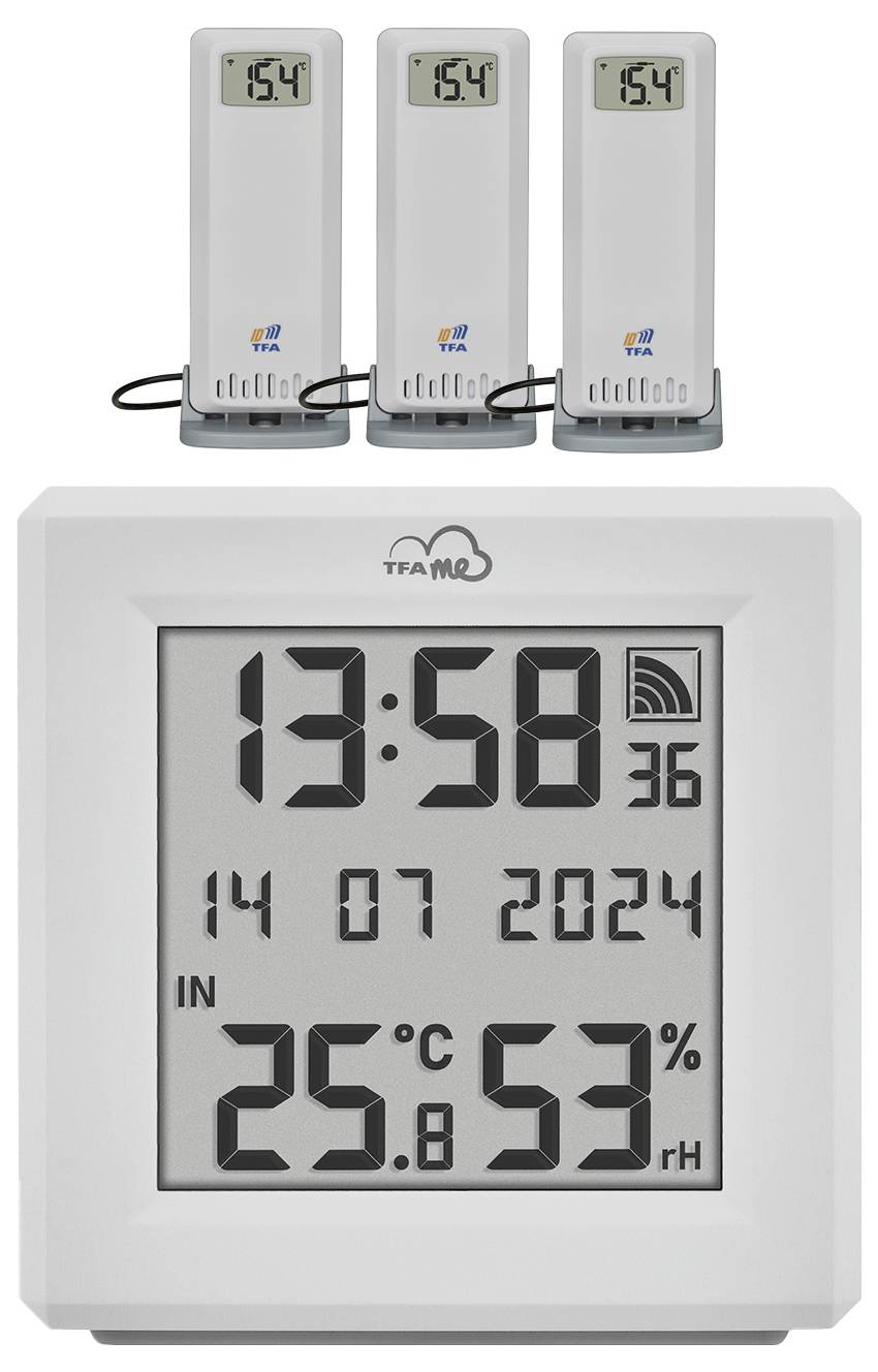En digital termometer med tre externa sensorer visar 15,4°C. Huvuddisplay: Tid 13:58, Datum 14.07.2024, Inomhus 25°C och 53% rH.