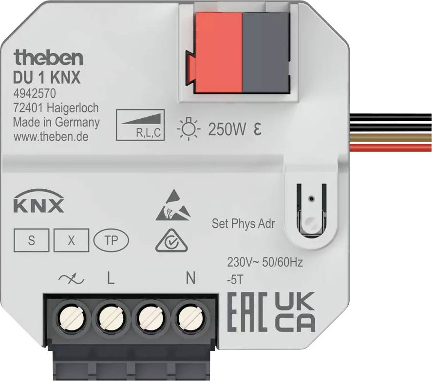 En KNX-omkopplingsaktor från Theben, modell DU 1 KNX, för styrning av elektriska laster, lämplig för 230V, 50/60Hz, med 250W effekt.