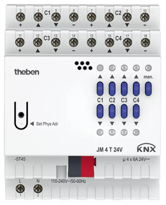En KNX-kopplingsaktor med åtta blå knappar och LED-indikatorer. Visar märket 'Theben', modell 'JM 4 T 24 V', stöder 4 kanaler vid 6A.