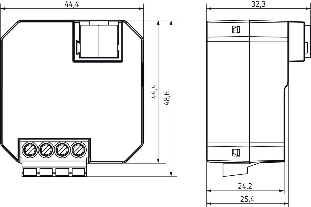 Teknisk ritning av en rektangulär enhet, visar fram- och sidovy med dimensioner: 44,4 mm x 48,6 mm och 32 mm djup.