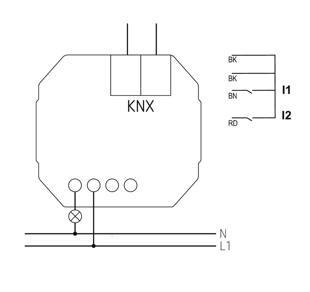 Kopplingsschema för KNX-modul med märkning av fasledare L1 och nolla N samt kabelanslutningarna BK, BN och RD till anslutningarna I1 och I2.