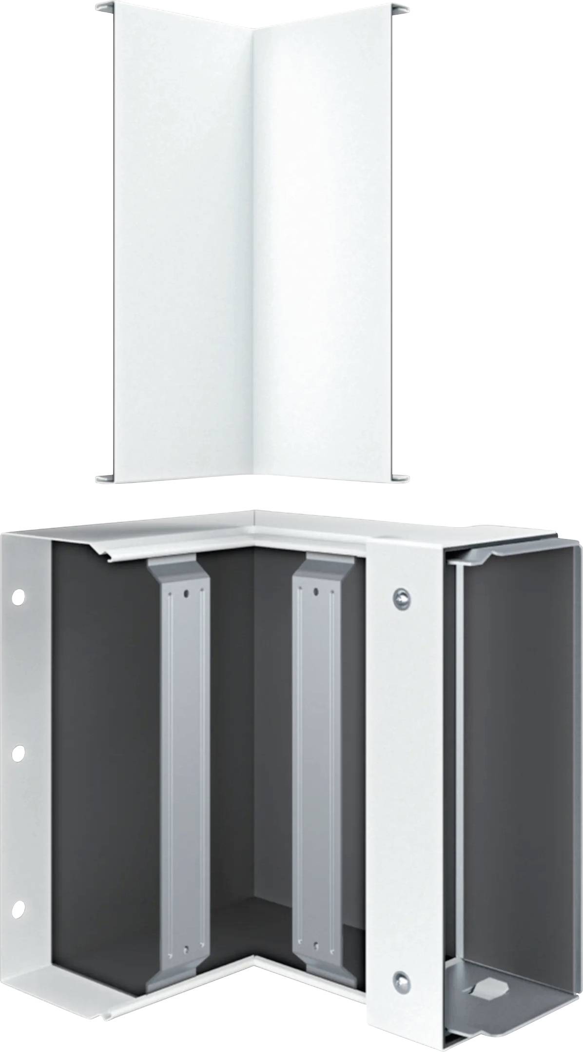 Vita 'Alu-Flex-Eckwinkel' på grå bakgrund. Visar ett flexibelt aluminiumsystem, bestående av två delar för hörn- eller kanalmontage.