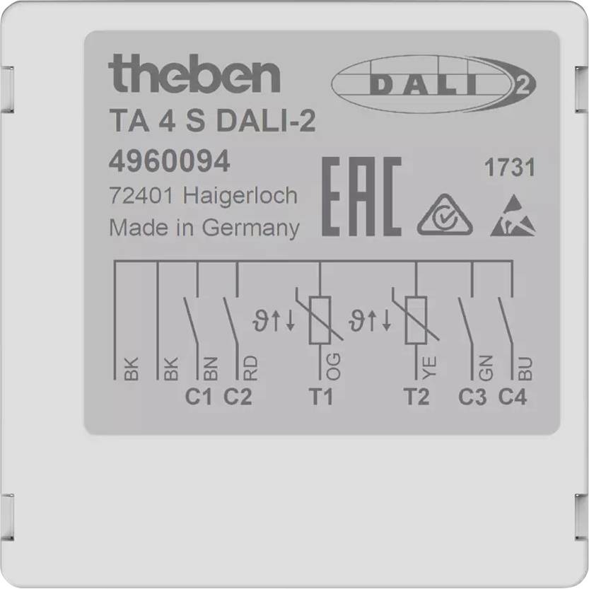 En rektangulär elektronisk enhet från Theben med tryck: 'TA 4 S DALI-2', '4960094', 'EAC', symboler och anslutningar. Tillverkad i Tyskland.
