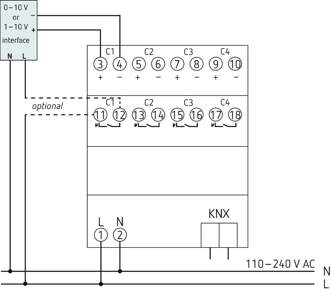 Elektrisk kopplingsschema visar anslutningar och anslutningspunkter för ett KNX-system. Klämmor och anslutningsalternativ är synliga.