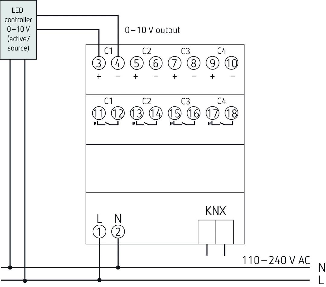 Diagram över en 0-10 V utgångsmodul med 4 kanaler. Visar klämmornas fördelning med numrering för spänningsutgång, KNX-anslutning och strömförsörjning.