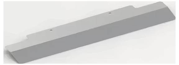 Grått metallstycke med lackerad yta, rektangulär form och två synliga fästhål.
