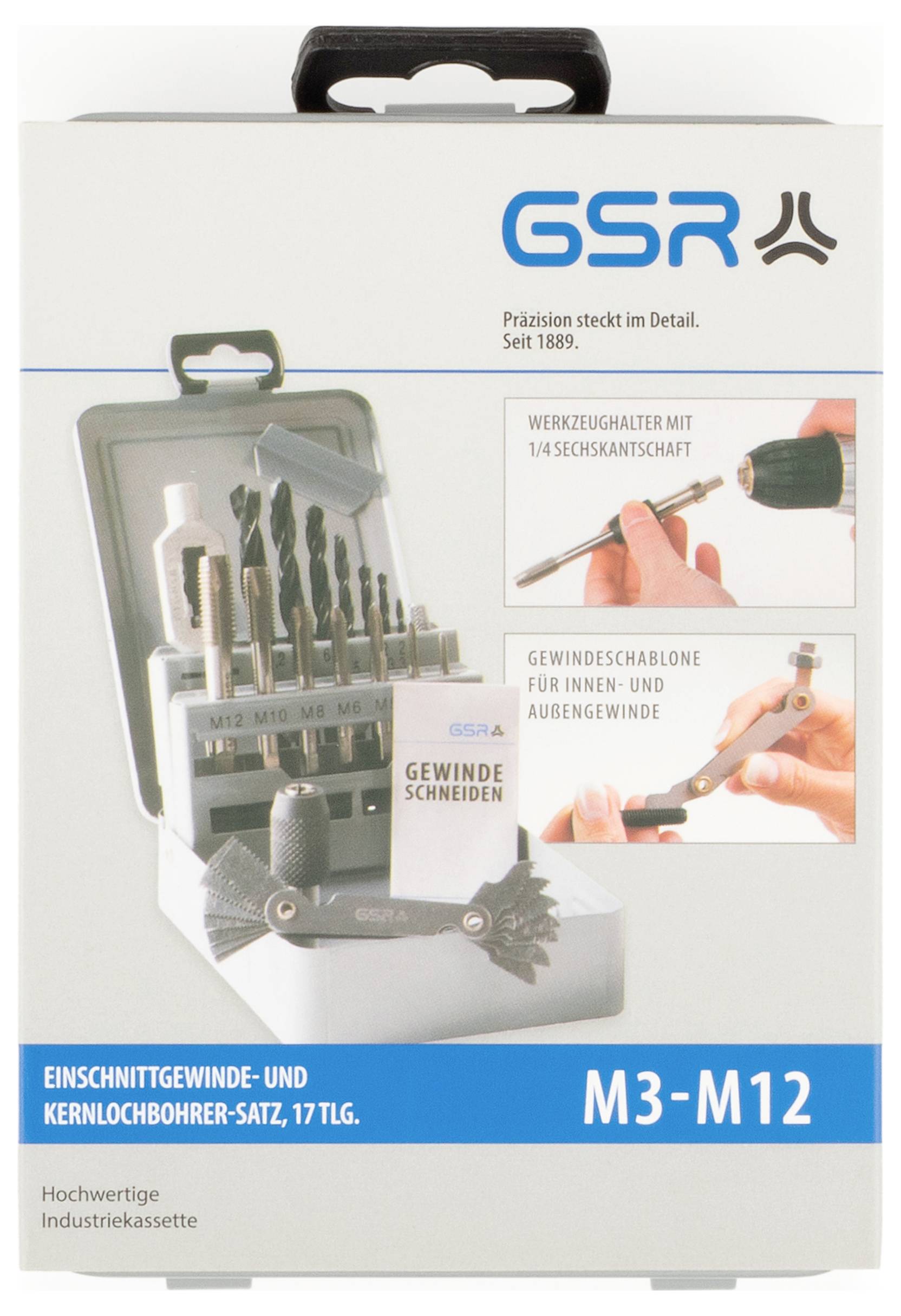 GSR gängtappningsset för skär- och kärnhål, M3-M12, 17 delar. Innehåller gängtappar och sexkantfäste-hållare.