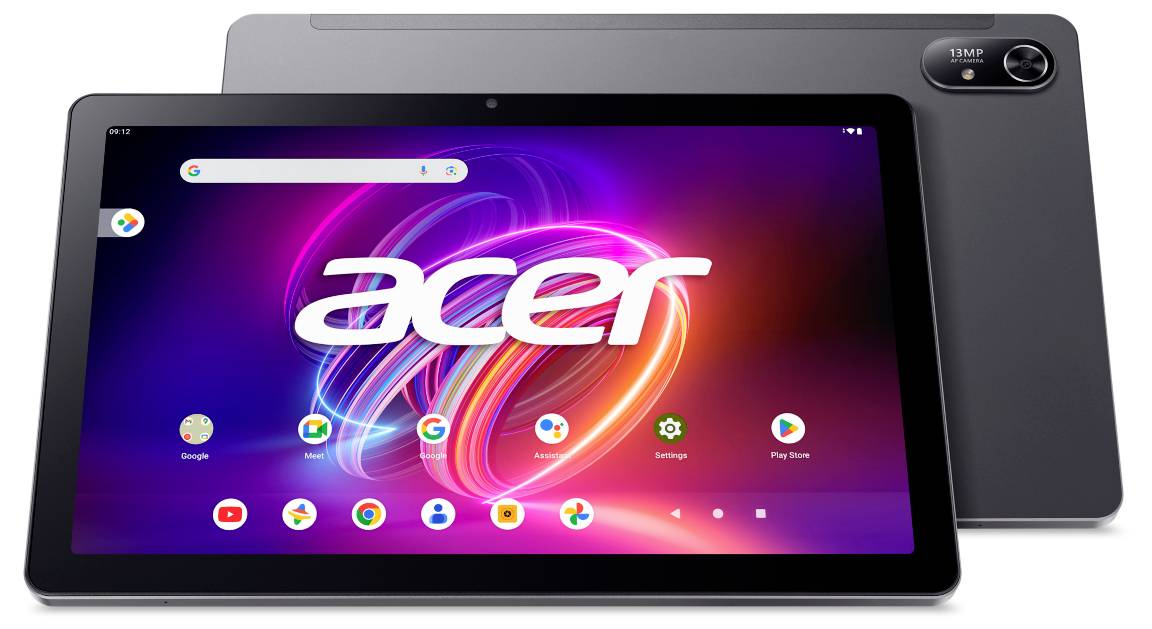 En Acer-surfplatta med ett lysande skärm visar olika appsymboler. I bakgrunden syns baksidan av surfplattan.