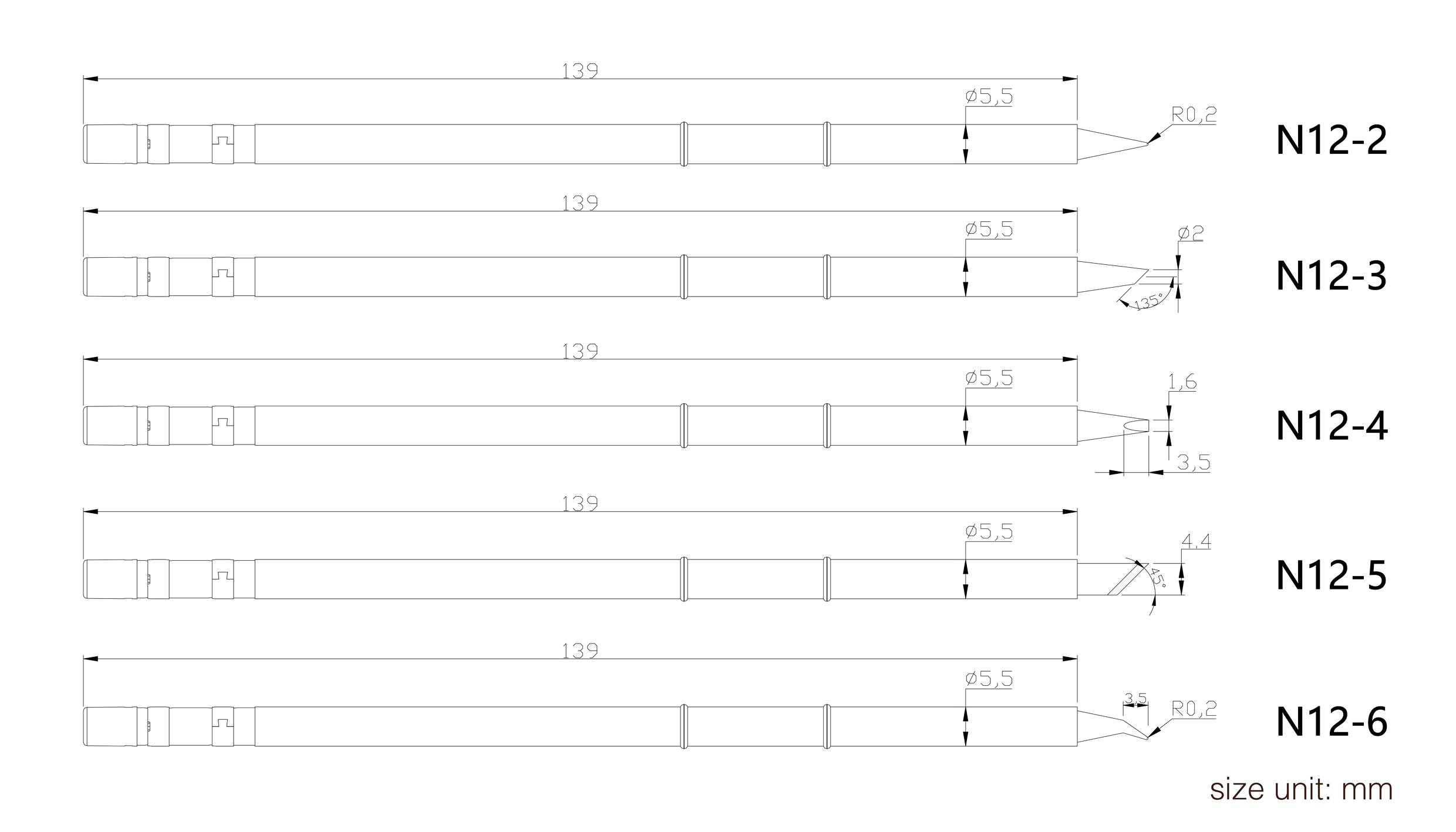 Diagram över N12-2 till N12-6 måttenheter i mm. Fem rektangulära objekt med små detaljer i mitten och måttlinjer.