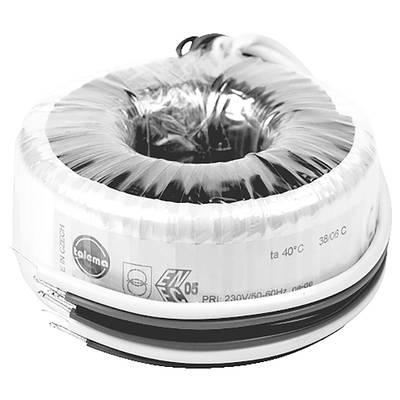 En ringformad transformator med plastförpackning, tekniska specifikationer och kabelledningar, placerad på en vit yta.