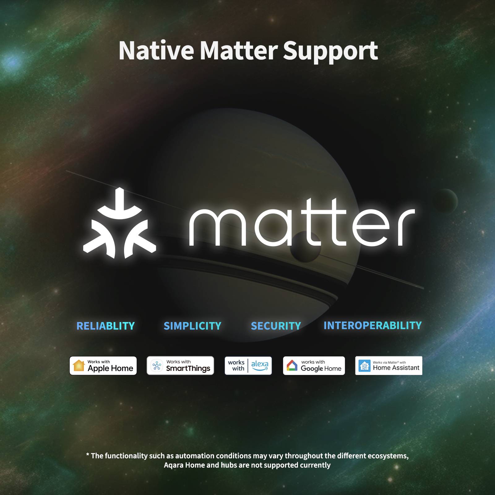 'Native Matter Support': Illustration med Matter-logotyp mot bakgrund av världsrymden. Stöder Apple Home, SmartThings, Alexa, Google Home, Home Assistant.