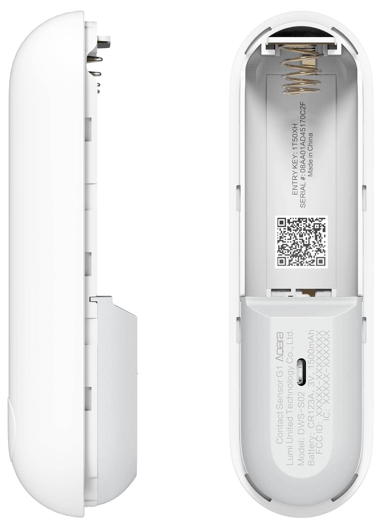 Öppet batterifack på en enhet som visar en neutral batterihållare, med QR-kod och tekniska detaljer invändigt.