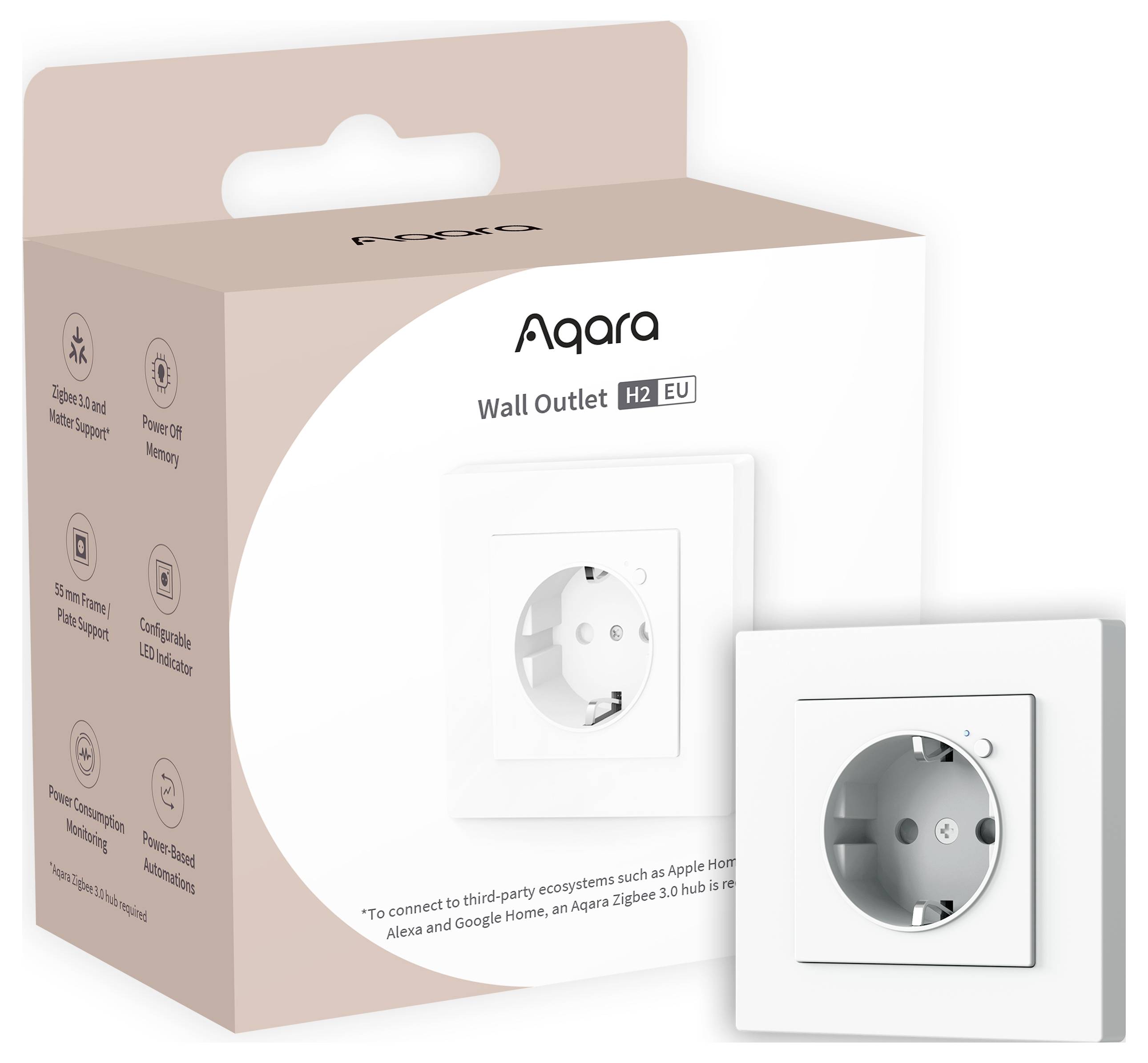 En Aqara vägguttag H2 EU i förpackningen. Uttaget är kompatibelt med smarta hemmasystem som Apple HomeKit och Alexa.