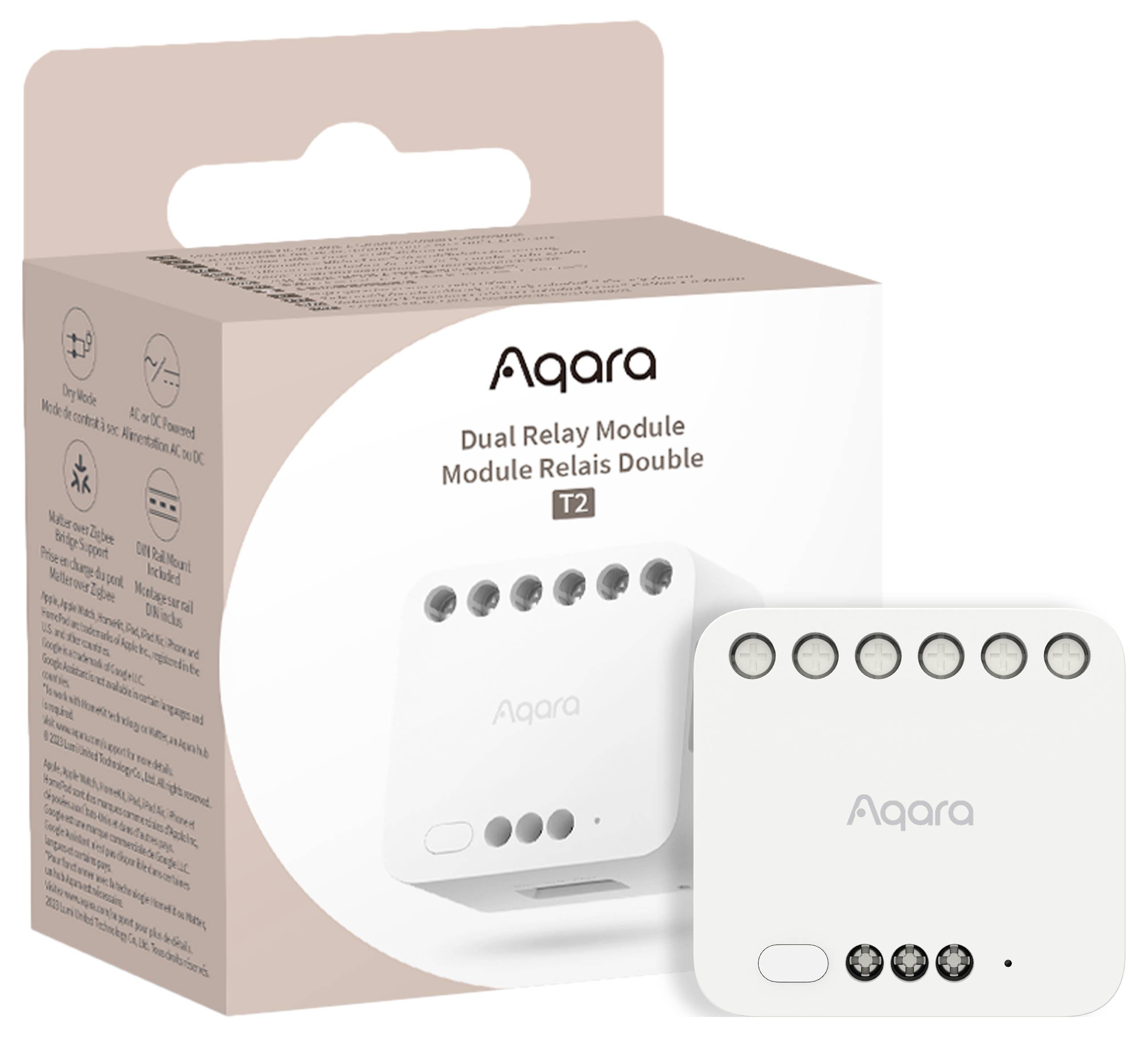 'Förpackning och produkt för Aqara Dual Relay Module T2. Vit styrenhet med flera anslutningar, bredvid tillhörande förpackning.'