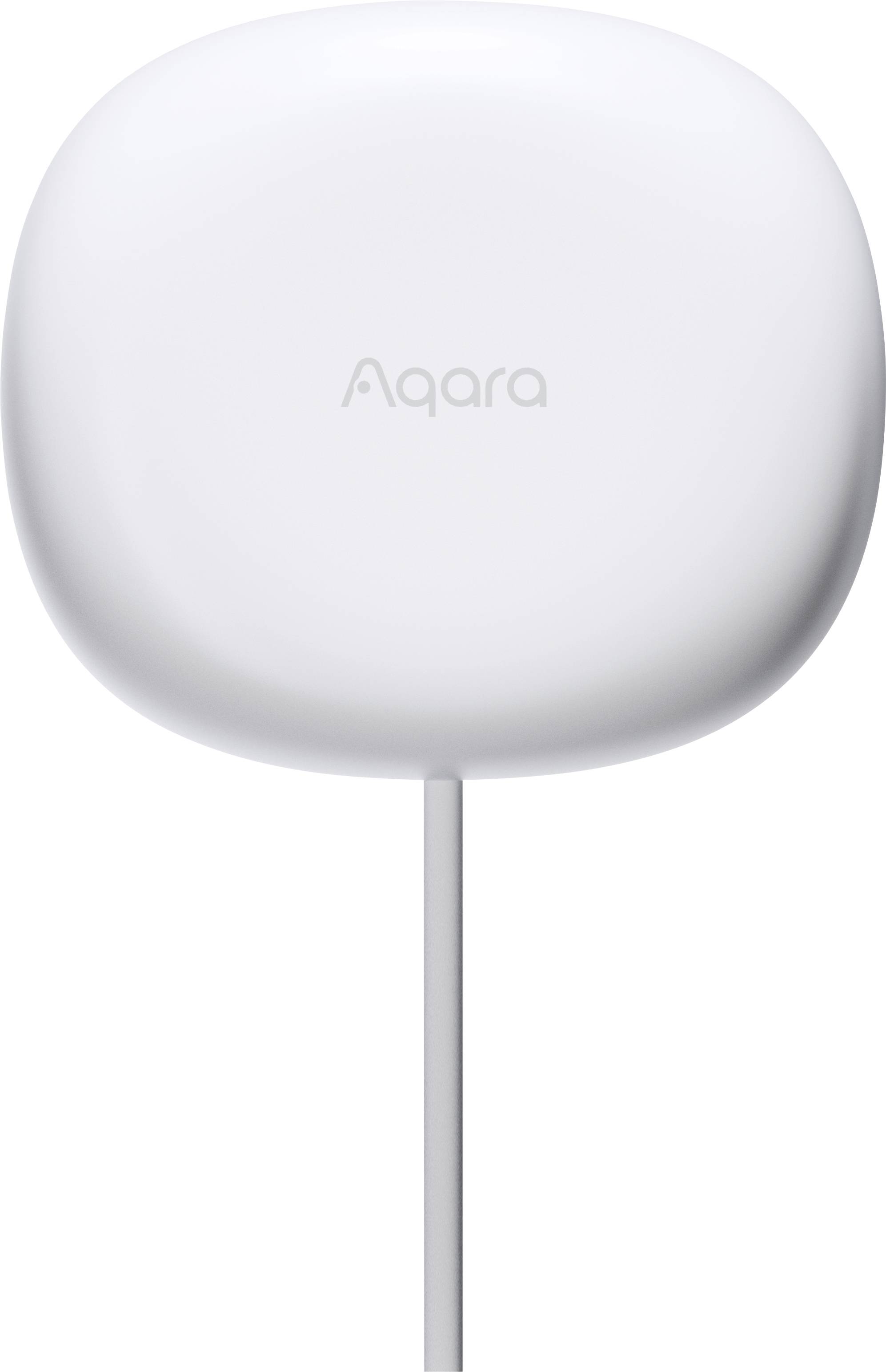 En vit, kvadratisk Aqara-väggströmbrytare med avrundade hörn och en kabel.