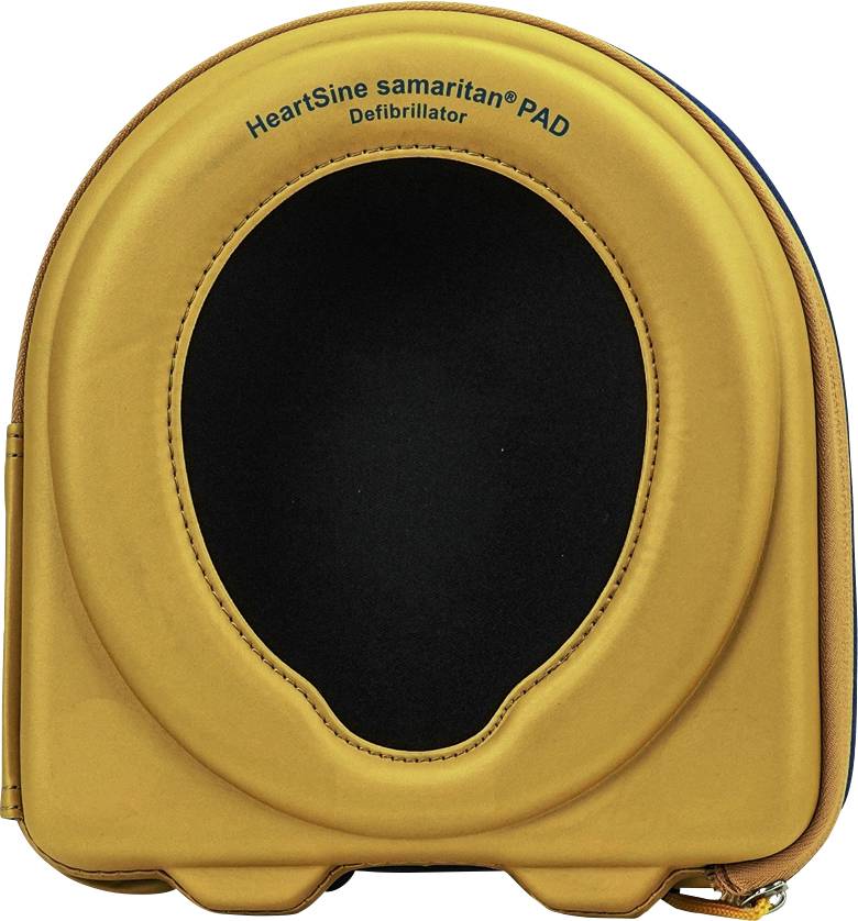 Bärväska för HeartSine samaritan PAD Defibrillator; gul hölje med svart, oval insats och blå dragkedjakant.