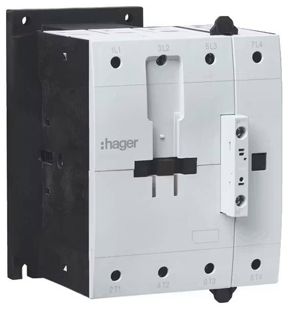 En elektrisk effektbrytare med svart och vit kåpa som visar varumärket 'Hager' på framsidan.