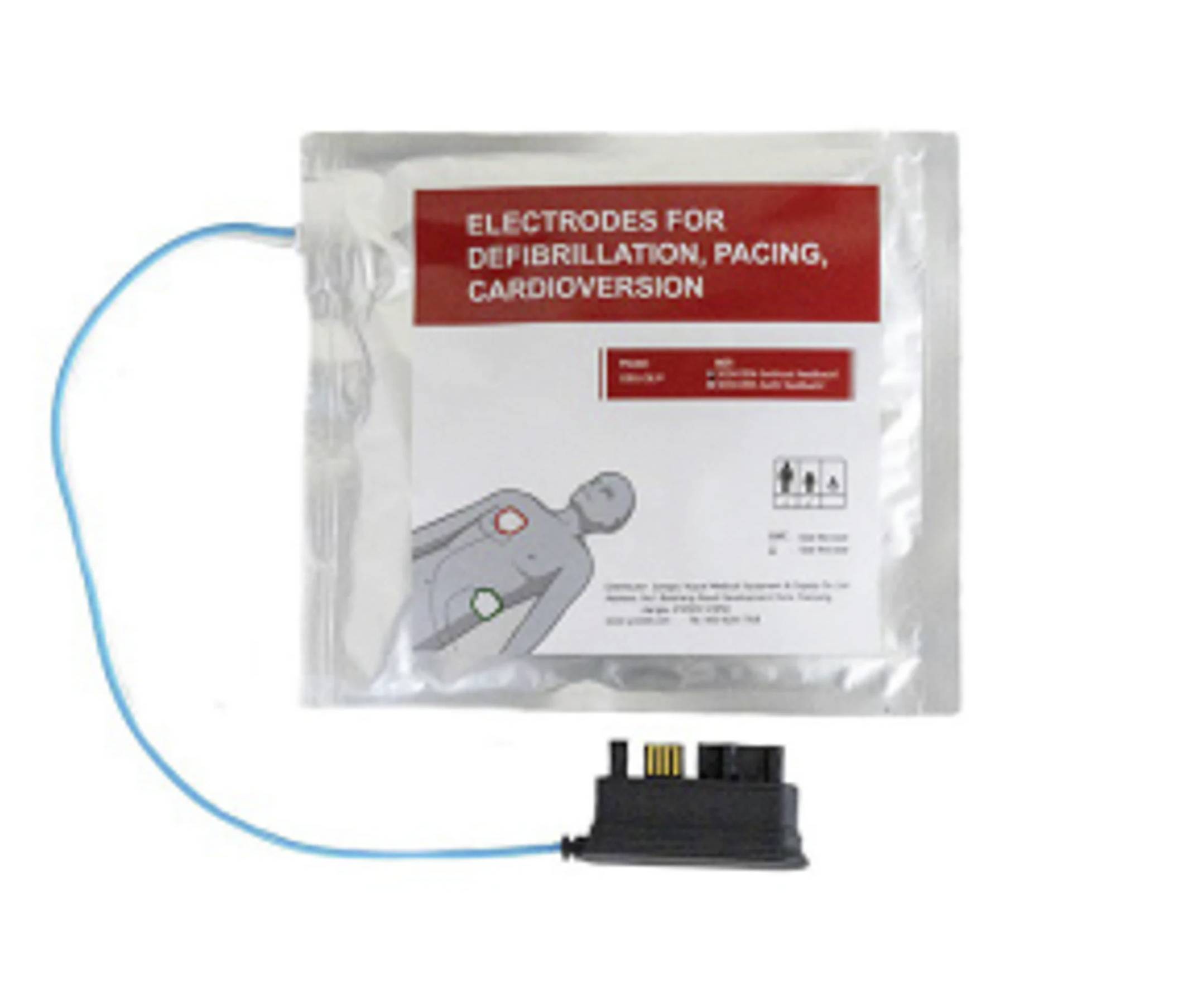 En förpackning med elektroder för defibrillering, pacing och kardiovertering. En anslutning med kabel är synlig.