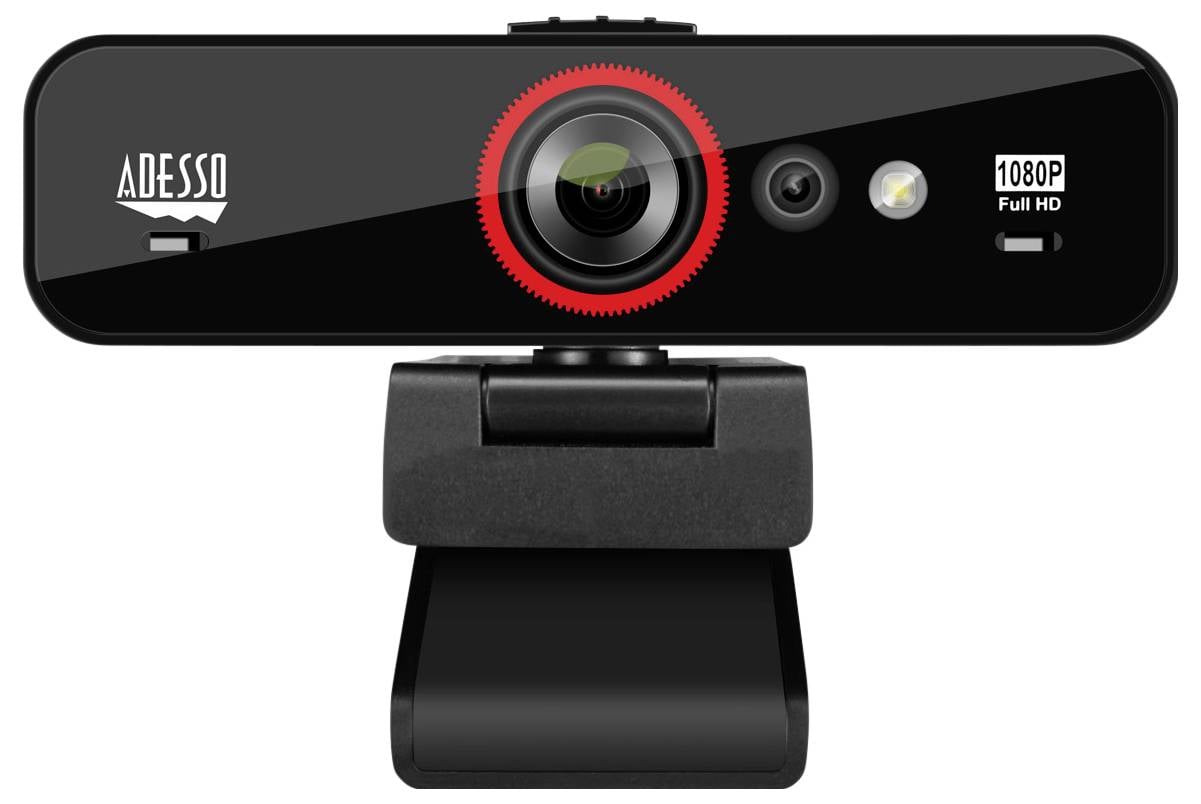 Webbkamera med 1080p Full HD-upplösning; centralt objektiv med röd ring, LED, mikrofon och klämfäste.