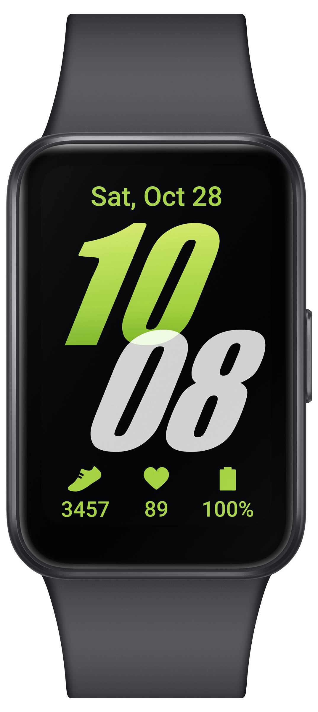 Svart smartwatch med digital display: Datum 'Lör, 28 okt', Tid '10:08', Steg '3457', Hjärtfrekvens '89', Batteri '100%'.