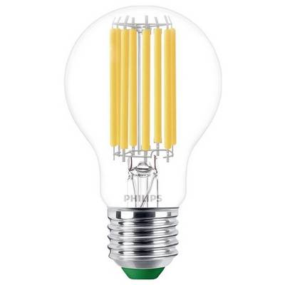 Klar glödlampa med synligt glödtråd i gul-orange färg. Energibesparande LED-belysning.