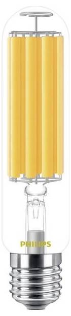 En LED-glödlampa i stavformad design med synliga gula filament och en silvrig skruvbas.