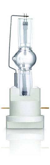 En båglampa av glas med en rundad bas och flera elektroder ovanpå och vid sidorna, använd för belysningsändamål.