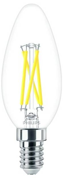 En LED-glödlampa med klar glasskärm och synligt gult filament. Sockeln är silverfärgad.