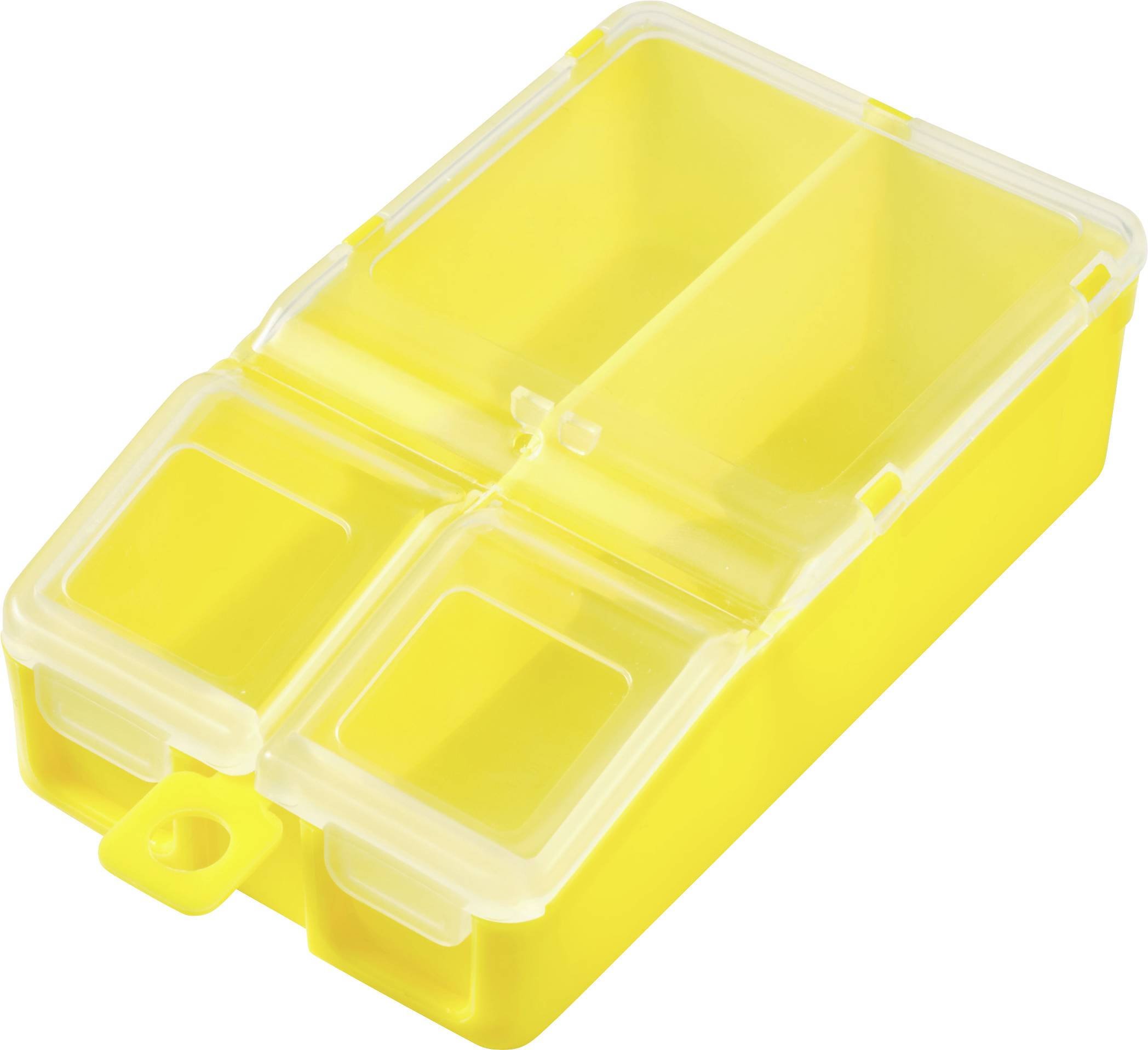Gul, rektangulär plastbehållare med genomskinligt lock, indelad i tre fack. Perfekt för förvaring av små föremål.