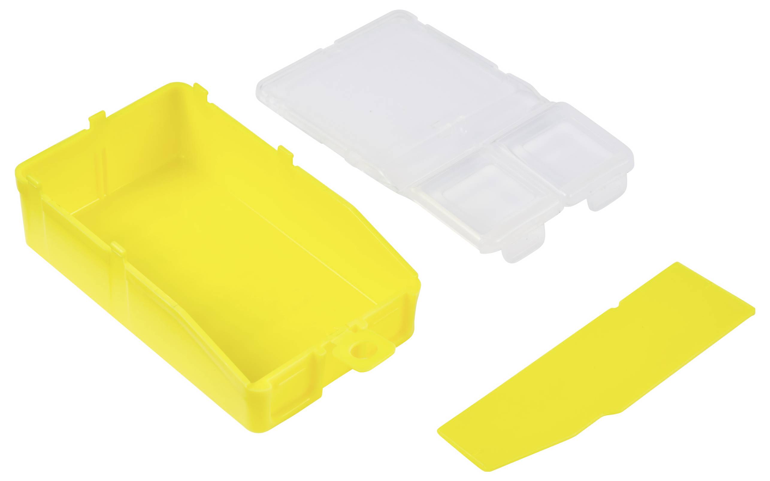 Gul plastbehållare med separat transparent lock och gul förslutning. Behållaren är lämplig för förvaring av små föremål.
