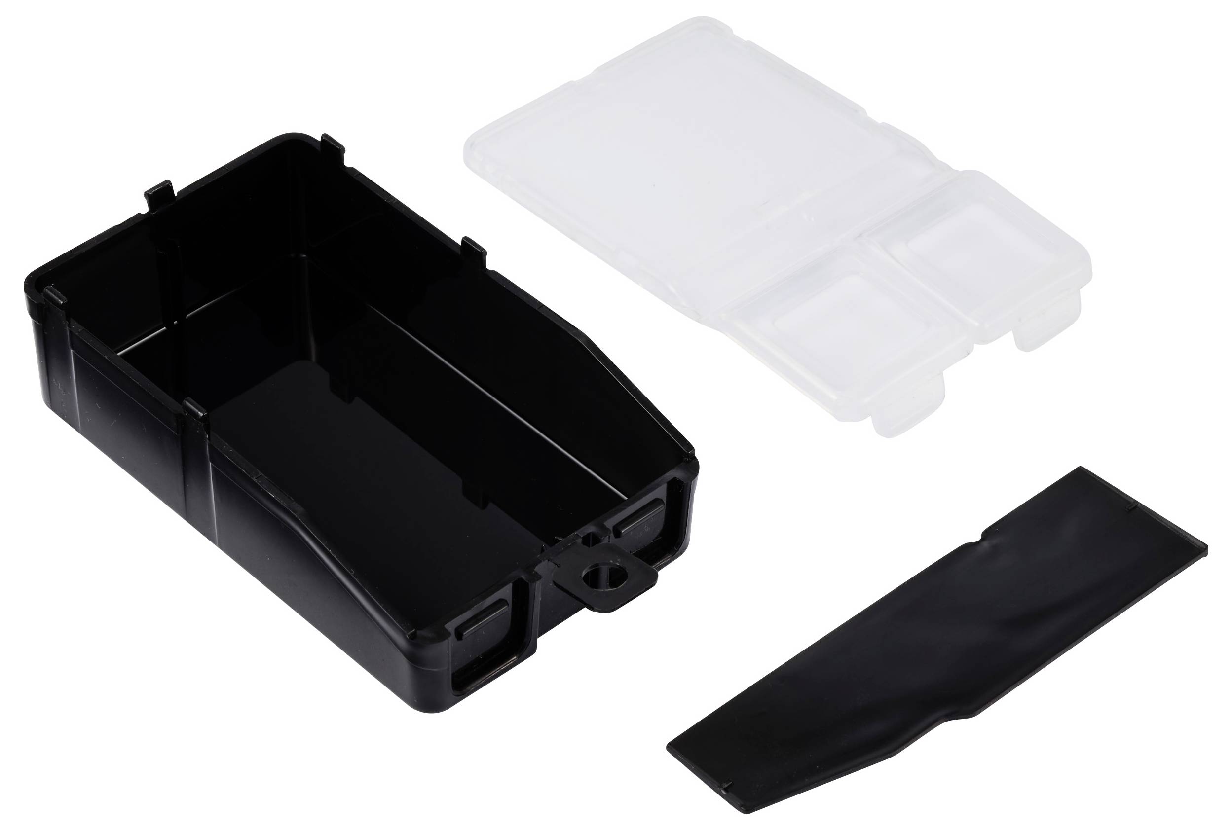 Plastbehållare med genomskinligt lock och svart innerhållare, lämplig för organiserad förvaring av smådelar.