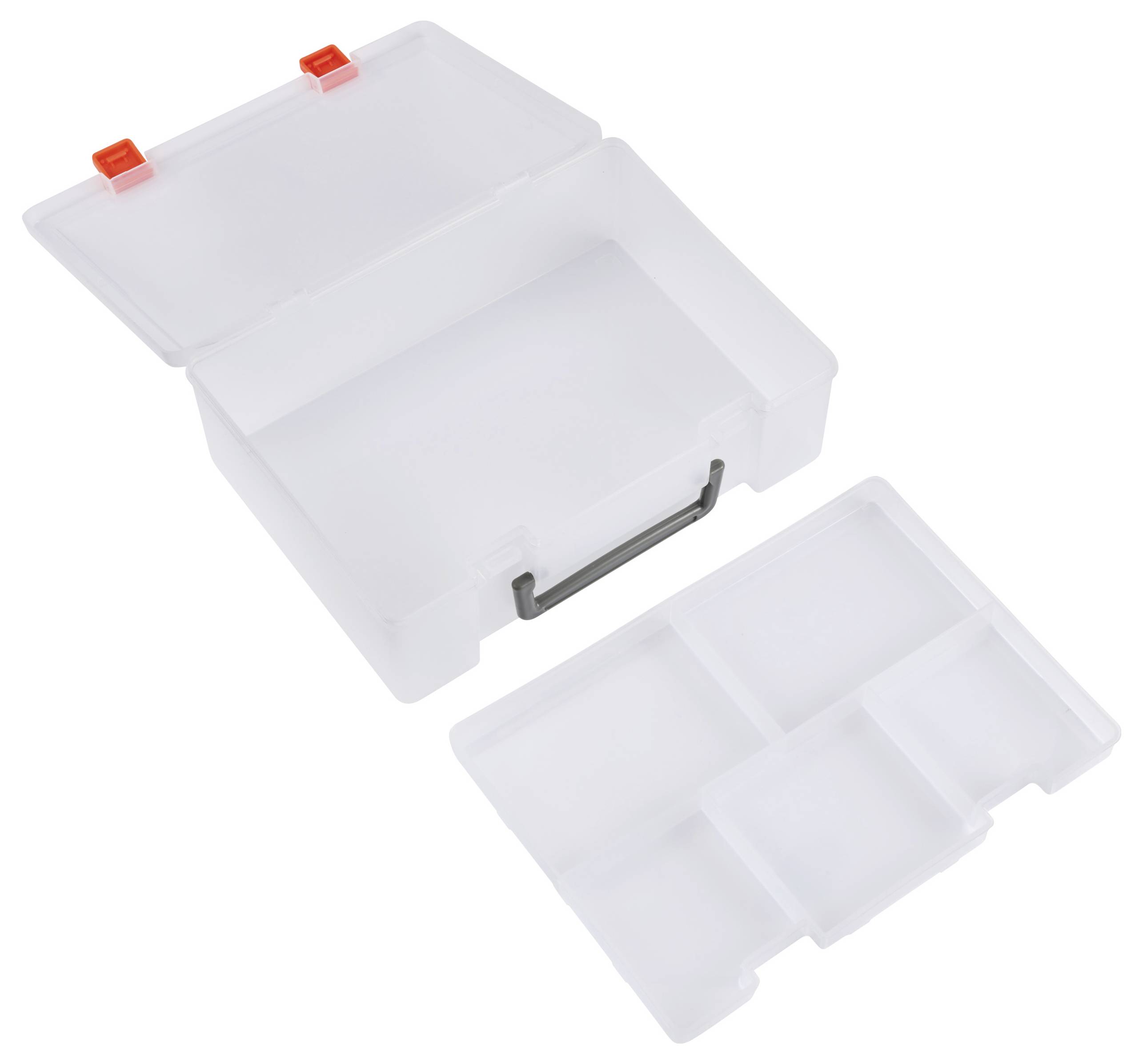 Vit plastförvaringslåda med fack, lock öppet och stängt, lämplig för verktyg eller små föremål.