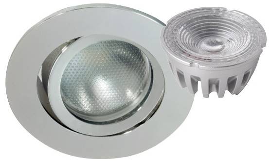 En rund LED-infälld taklampa och en separat LED-strålkastare.