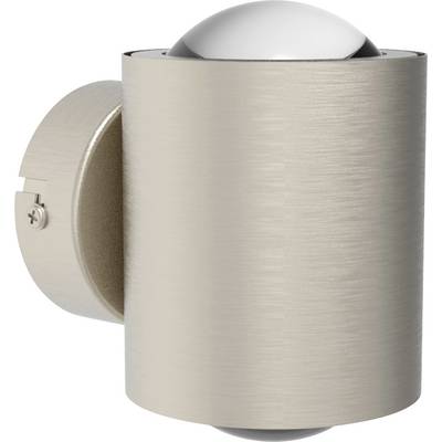 Cylindrisk utomhuslampa av borstat metall med välvt glas överst och underst. Armaturen har ett robust, modernt utseende.