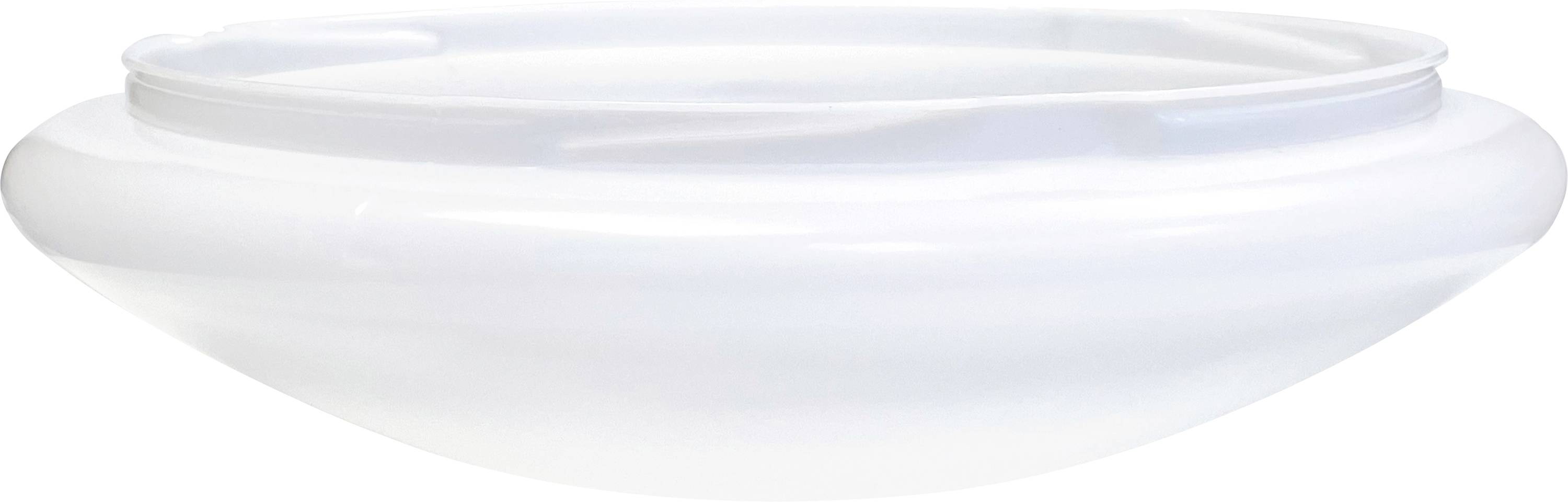 Vit, platt, rund lampskärm av mjölkigt glas, troligen lämplig för en taklampa.