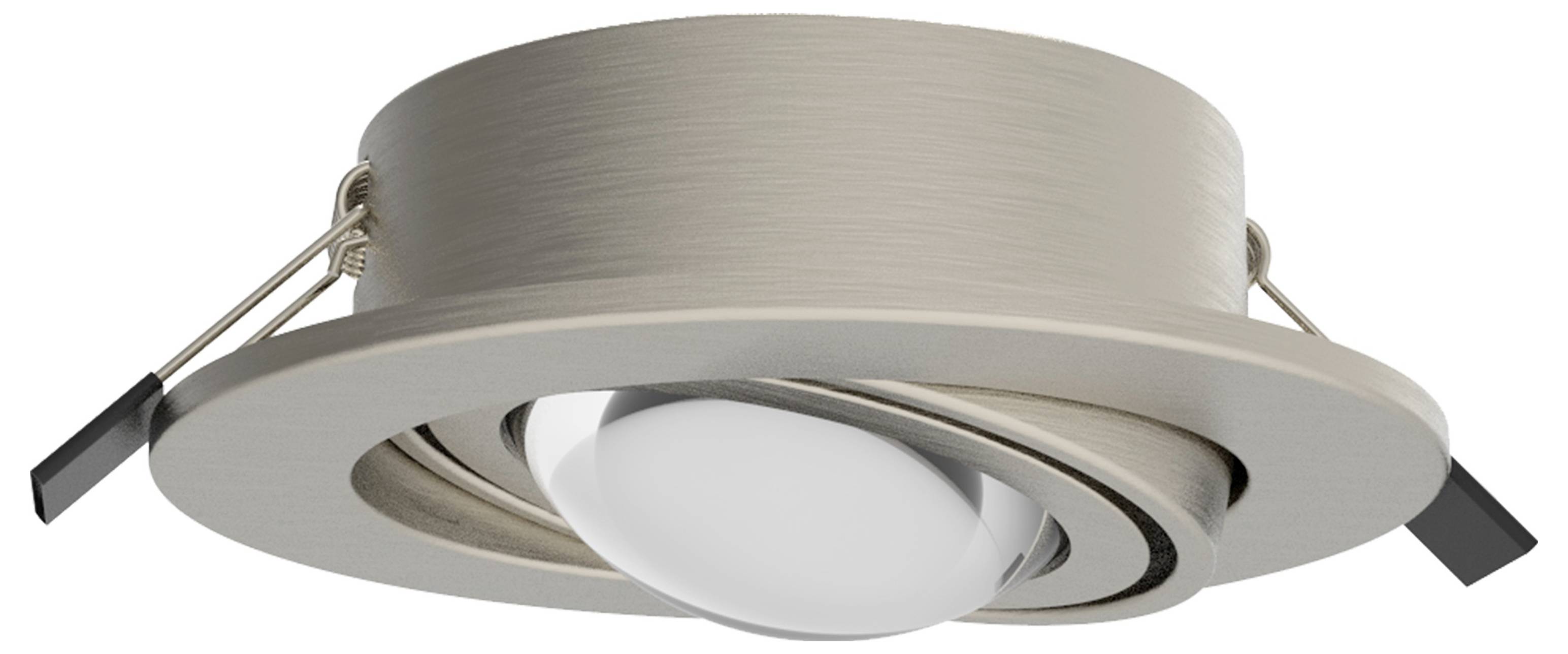 En rund takspotlight av metall med svängbar LED-spot i borstad finish. Lämplig för modern inomhusbelysning.