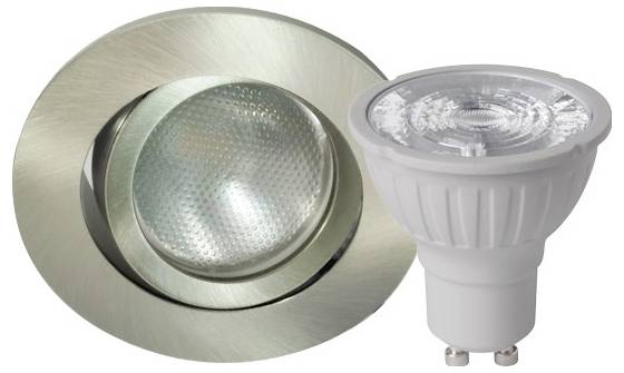 Två LED-lampor: en i ett silverrunt fäste och en vit GU10-glödlampa.
